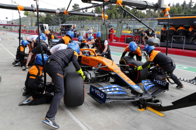 Daniel Ricciardo, McLaren MCL35M, makes a stop during practice.